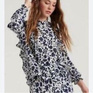 New Lucky Brand Floral Navy & White Silk Victoria Ruffle Button Front Top XS